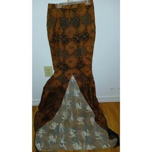 Andre Liane XS Batik Wax Print Mermaid Long Skirt Lace Panel Train 25" Waist
